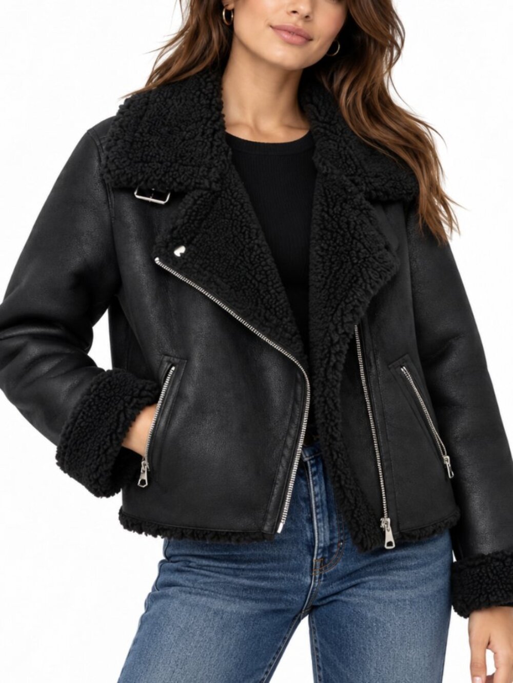 Sebby Black Washed Black Teddy Lined Aviator Bomber Style Full Zip Jacket M